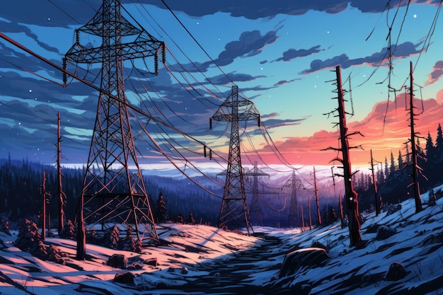 Power lines winter anime visuele roman spel Draad landschap Genereren Ai