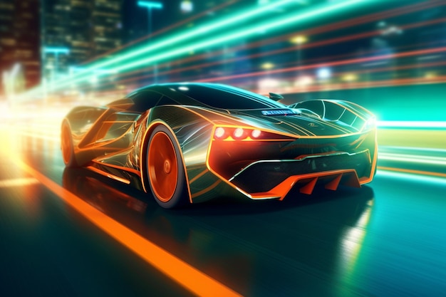 Power in motion Futuristic sports car races on neonlit highway