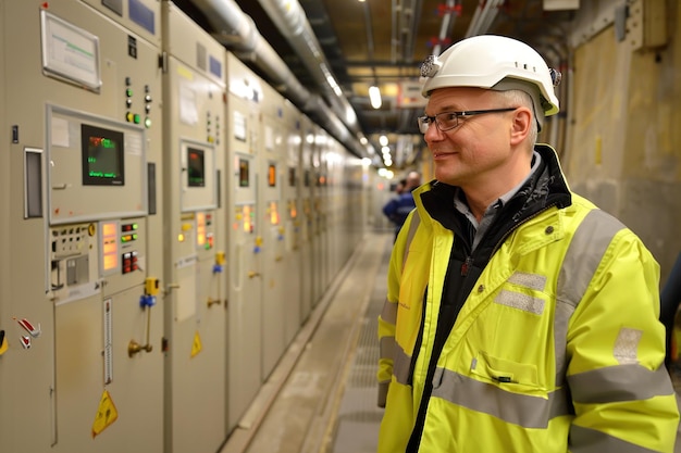 電力発電所の従業員が過な電力を貯蔵する巨大なエネルギー貯蔵セルの充電を監督しています