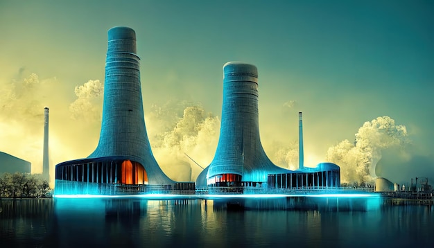 Power plant fuel energy illustration with clouds and heavy smoke ecosystem metaphor ecology susteinable energyx9xA