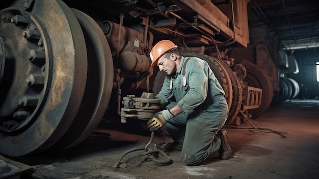 In a power plant's mines a mechanic is using Generative AI to fix a tractor