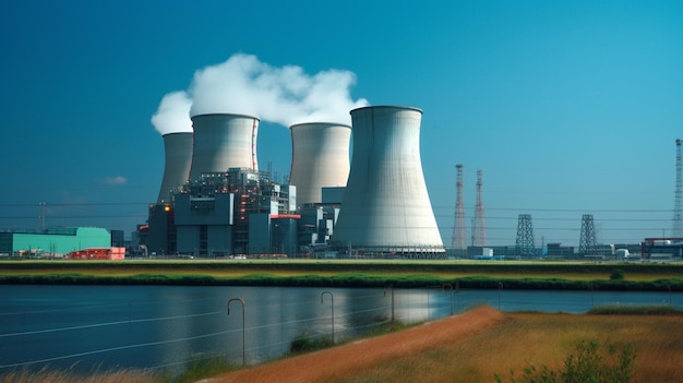 A power plant with a blue sky and a lake in the background