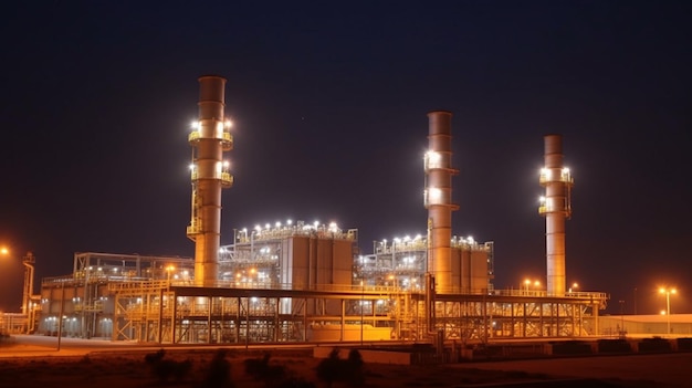 A power plant with lights on at night