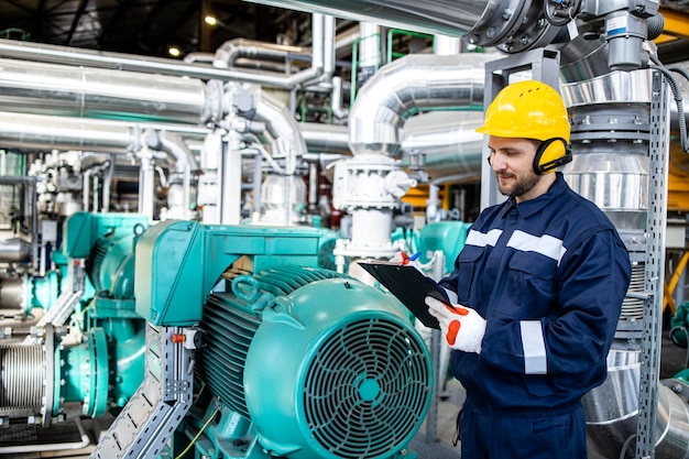 Power plant worker checking pressure and parameters in production room