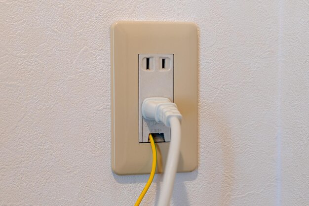 Power plug and earth wire connected to Japanese electrical outlet on the wall