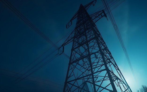 A power pole with a blue background and the word electricity on it.