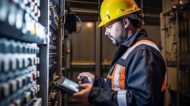 Photo in a power producing facility a worker with a walkman and tablet is using generative ai