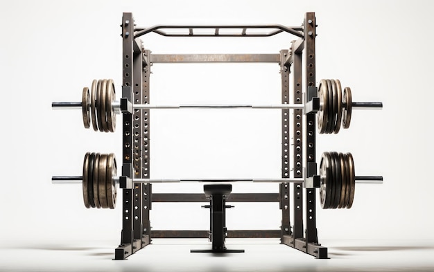 Power Rack isolated on pure white background Barbells of different weight on rack equipment in the gym