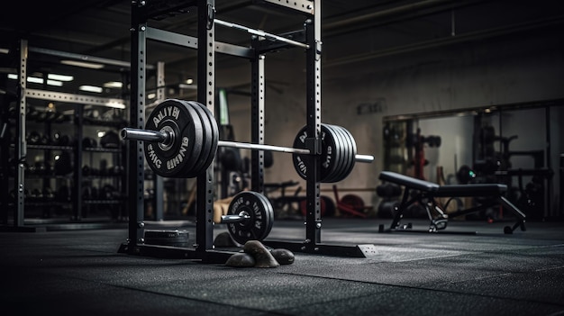 Power rack with loaded barbell in organized gym space