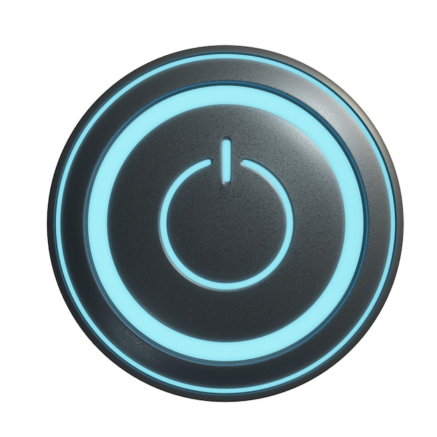 Photo power start button or ignition launching button with blue light ,isolated on white background with clipping path. 3d rendering .