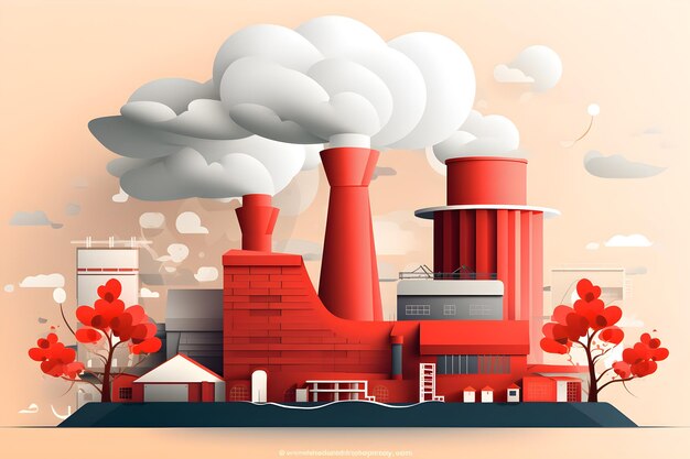 Фото Электростанция нефтеперерабатывающий завод или нефтехимический завод с дымом в стиле бумажного разреза генеративный ии