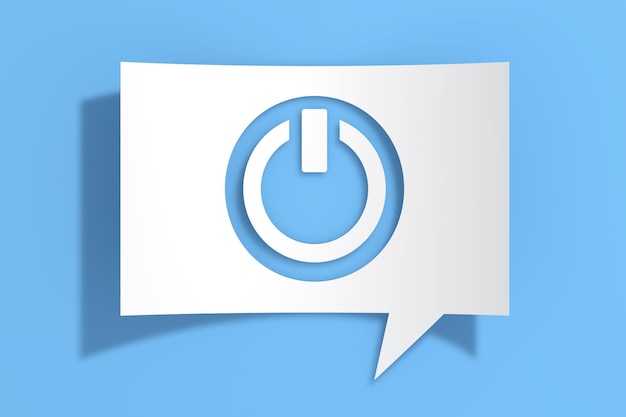 Photo power switch on off icon on cutout white paper speech bubble 3d rendering