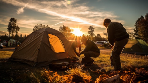 チームワークの力 ボーイ・スカウトの生徒が集まって 夕陽の下でキャンプを立ち上げる AR169