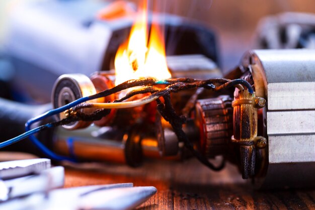 Power tool repair. details of electrical appliance and repair\
tools on a wooden table in a repair shop.