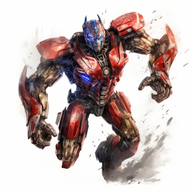 Photo power unleashed optimus prime charging forward in stunning photorealistic detail against a pure wh