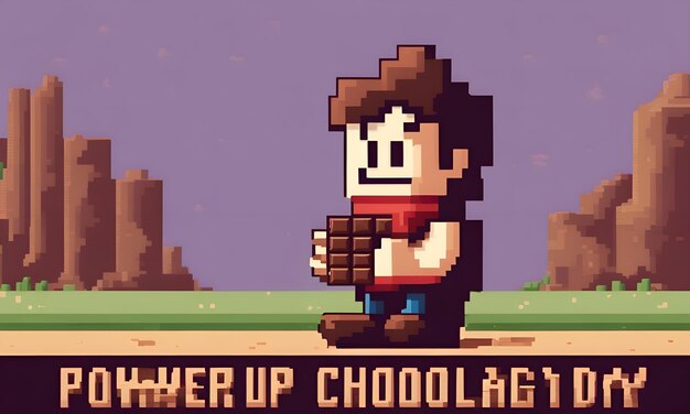 Photo power up with pixels a classic character celebrates world chocolate day