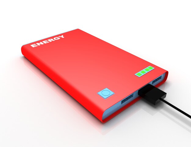 Powerbank met oplaadkabel. 3D-gerenderde afbeelding