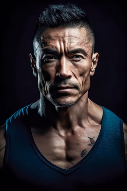 Photo powerful adult bodybuilder on black background concept of strength and health generative ai