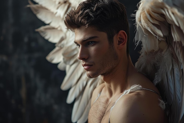 Photo powerful angel handsome male wings generate ai