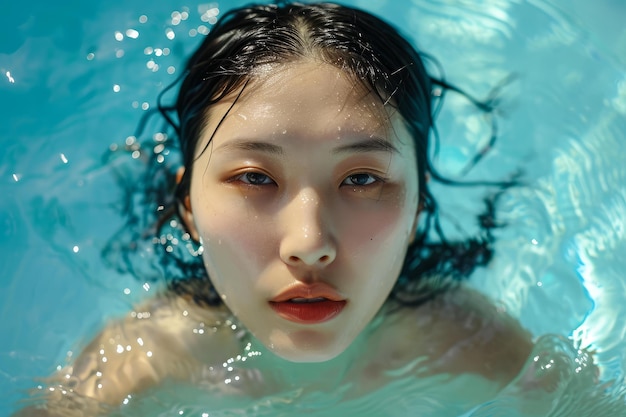 사진 강력한 아시아 여성이 실내 수영장에서 클로즈업 사진을 찍습니다.