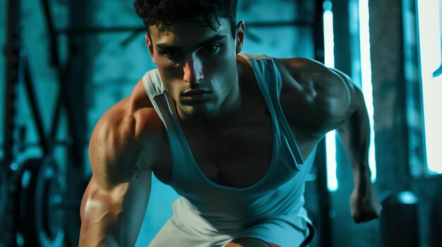 A powerful athlete bathed in dramatic lighting focuses intensely as they push their limits in a grueling workout at the gym Their determination and effort are evident in every muscle stra