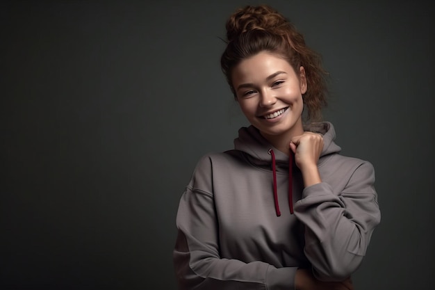 Powerful Athlete Woman Poses Joyfully Against Gray Background