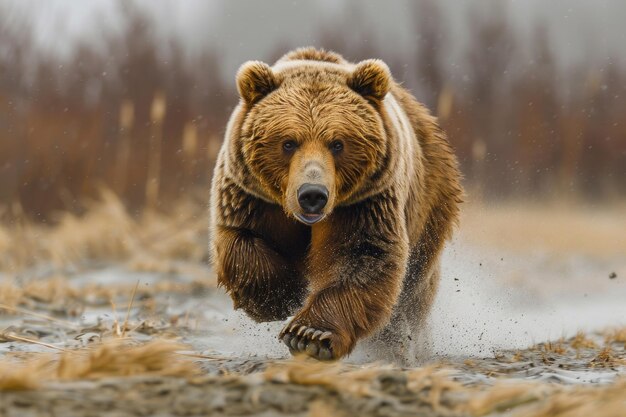 Мощный медведь в движении с размытым фоном для ощущения скорости и энергии