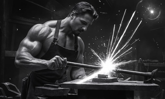 A powerful blacksmith rippling hammers a star into existence on an anvil