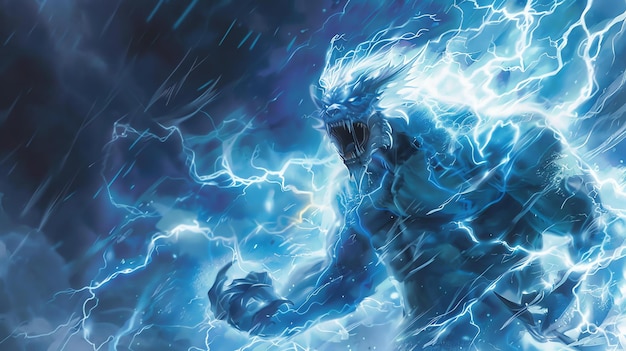 Photo a powerful blue lightning elemental roars in the middle of a stormy night