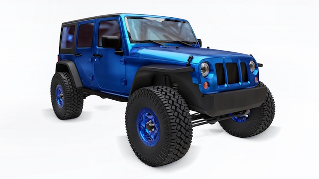 Photo powerful blue tuned suv for expeditions in mountains, swamps, desert and any rough terrain on white. big wheels, lift suspension for steep obstacles. 3d illustration on white background