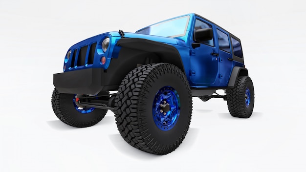 Powerful blue tuned SUV for expeditions in mountains, swamps, desert and any rough terrain on white. Big wheels, lift suspension for steep obstacles. 3D illustration on white background