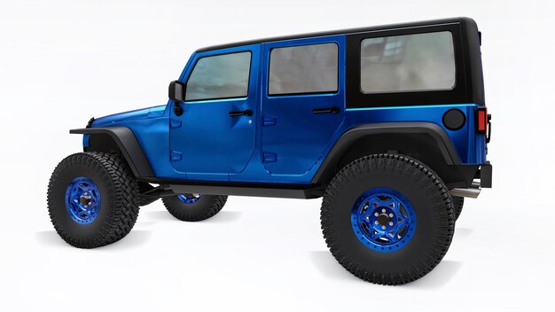 Photo powerful blue tuned suv for expeditions in mountains swamps desert and any rough terrain on white