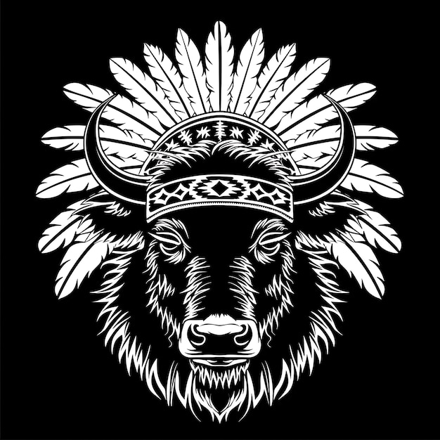 Photo powerful buffalo animal mascot logo with native american chisimple tattoo ink design outline art