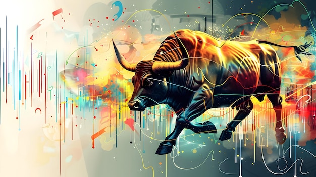 Photo powerful bull charging in abstract digital artwork