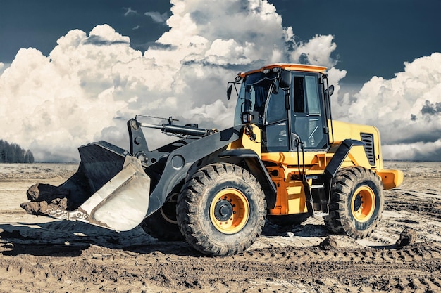 Powerful bulldozer or loader moves the earth at the construction site against the sky An earthmoving machine is leveling the site Construction heavy equipment for earthworks