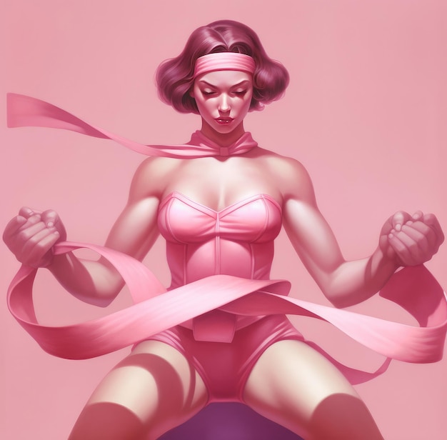 Сильная женщина, пережившая рак, сильная женщина, поднимающая тяжести с розовой лентой и розовым фоном Генеративный ИИ