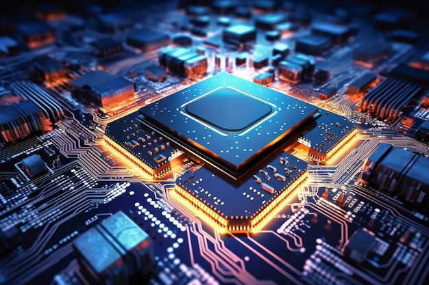 A powerful computer processor or chip on a motherboard Modern technologies Blue background