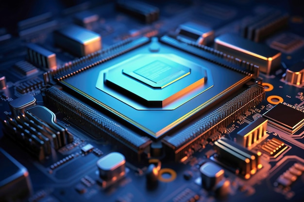Мощный компьютерный процессор или чип на материнской плате Современные технологии Синий фон