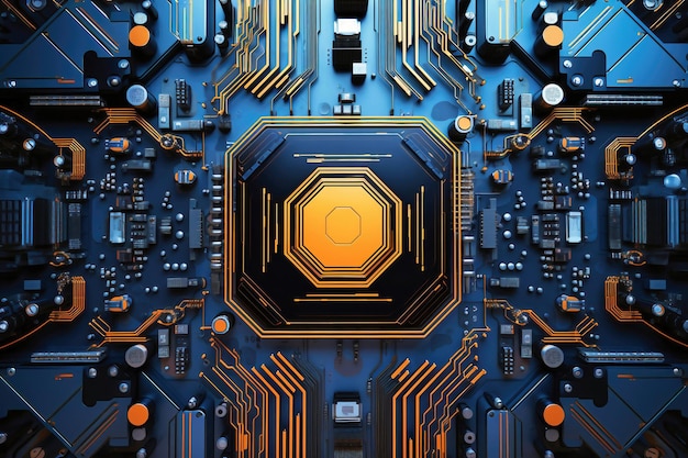 A powerful computer processor or chip on a motherboard Modern technologies Blue background