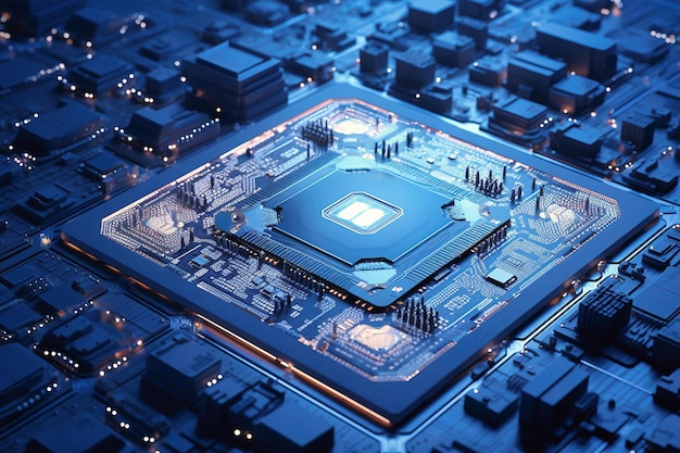 A powerful computer processor or chip on a motherboard Modern technologies Blue background