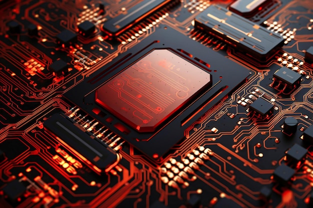 A powerful computer processor or chip on a motherboard Modern technologies Red background