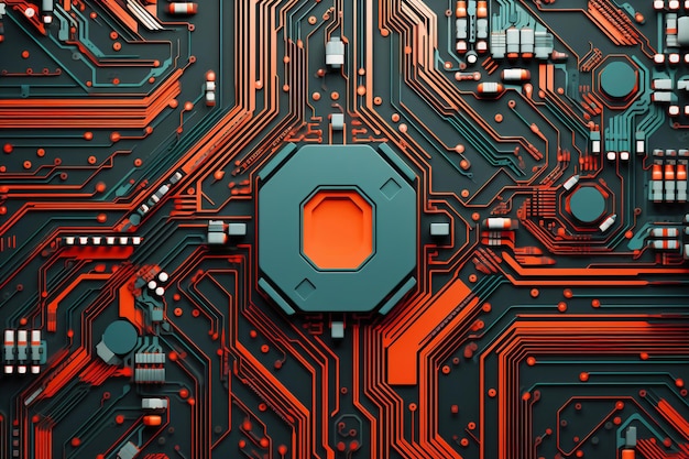 A powerful computer processor or chip on a motherboard Modern technologies Red background