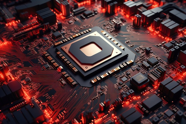 A powerful computer processor or chip on a motherboard Modern technologies Red background