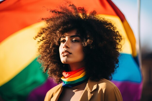 Powerful and confident person standing in front of a rainbowcolored flag