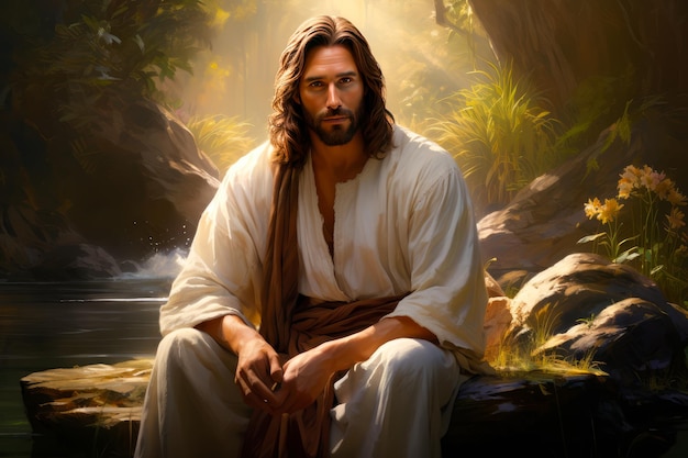 イエス・キリストの力強い描写、彼のオーラは慈悲と神性が融合したもの