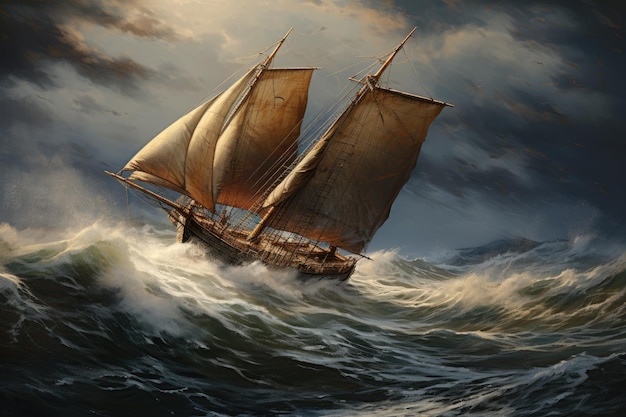 A powerful depiction of a sailboat navigating treacherous waves during a storm at sea Sailboat on rough water AI Generated AI Generated