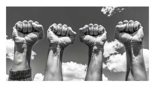 Photo powerful display of unity four raised fists against a cloudy sky in black and white