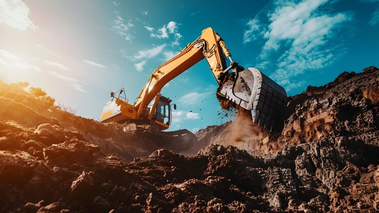Powerful Earthmoving Machinery Excavating at Dynamic Construction Site with Scenic Sky Backdrop