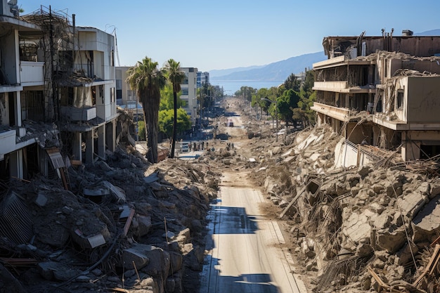 구조물에 대한 지진력의 파괴적인 영향을 보여주는 강력한 지진