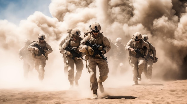 A powerful entrance unfolds as special forces touch down sand and dust engulfing them